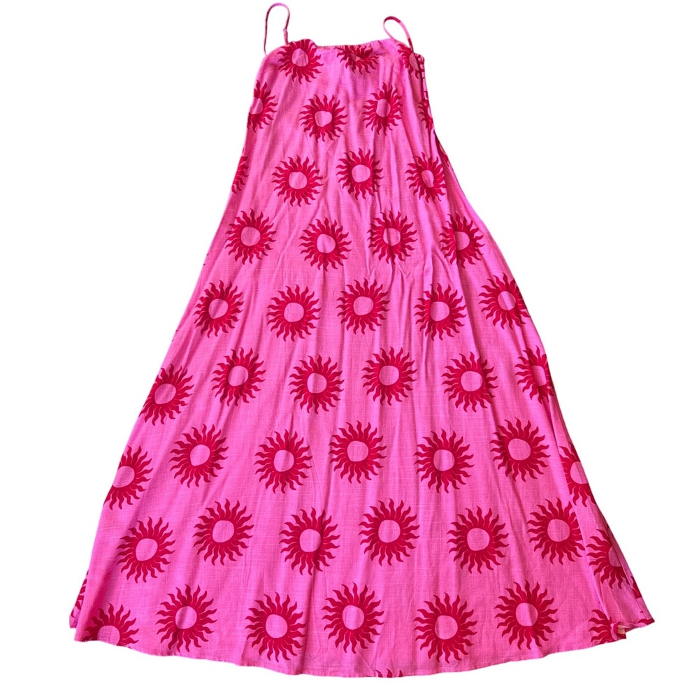 Paper Heart Sun Print Maxi Dress Women L Pink Red Linen Blend Boho New